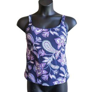 Lands End Womens Tankini Swim Top Blues Purple White Floral Size 8 Wide Strap